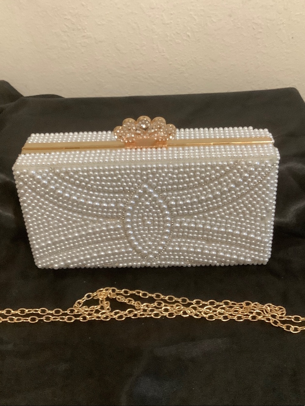 Elegant Pearl Embellished Clutch with Gold Chain white